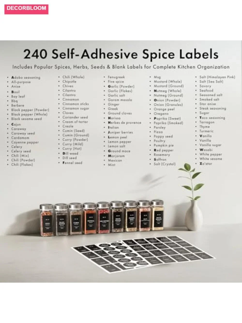 24 Glass Spice Jars with Stainless Steel Lids, Funnel & Labels